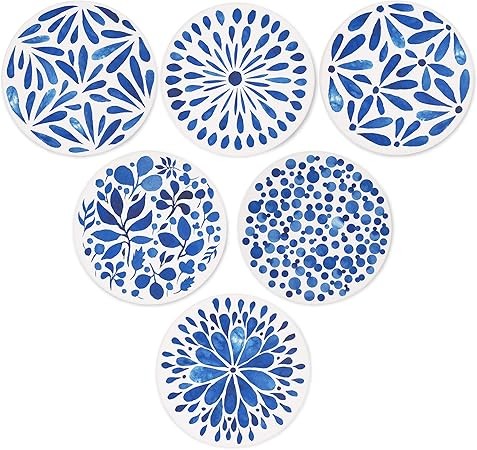 AD Set of 6 Coasters for Drinks Absorbing Round Ceramic Stone Coaster with Cork Base,Tabletop Protection Mat for Mugs and Cups,Office,Kitchen (Indigo Blue)